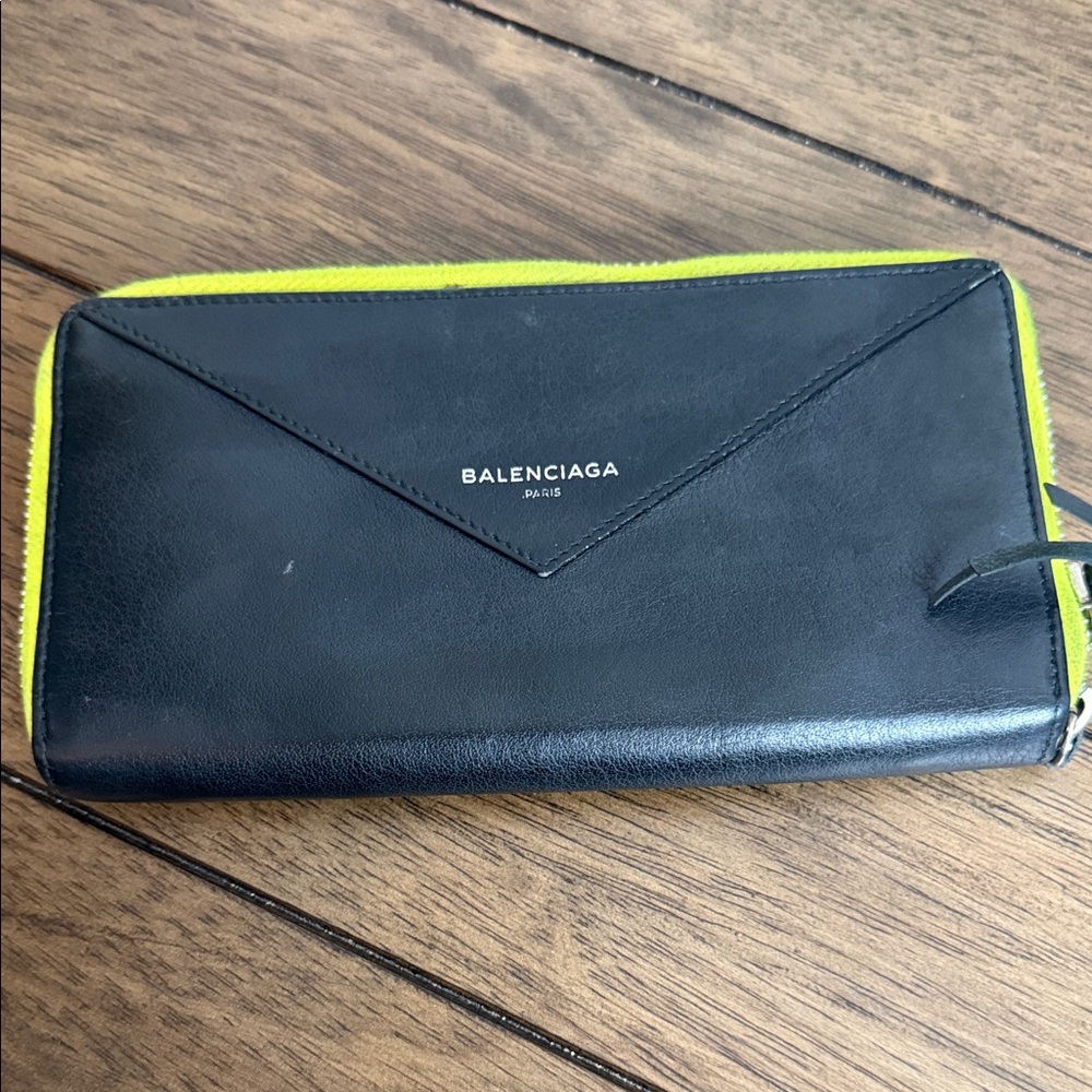 Balenciaga Black and Neon Green Zip Wallet
